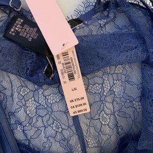 NWT VS LARGE NAVY BLUE LACE LINGERIE BABY DOLL SILK  SET WITH RHINESTONE DETAIL